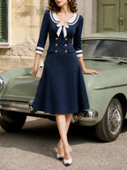 Nautical Navy Sailor Collar Gold Double-Breasted Midi Dress