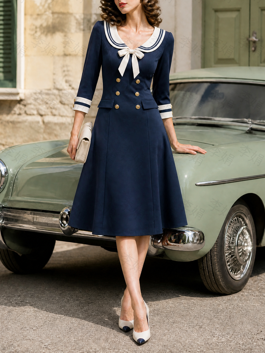 Nautical Navy Sailor Collar Gold Double-Breasted Midi Dress