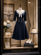 Nautical Navy Sailor Collar Gold Double-Breasted Midi Dress