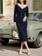 Nautical Sailor Collar Knit Cardigan & Midi Pencil Skirt Two-Piece Set
