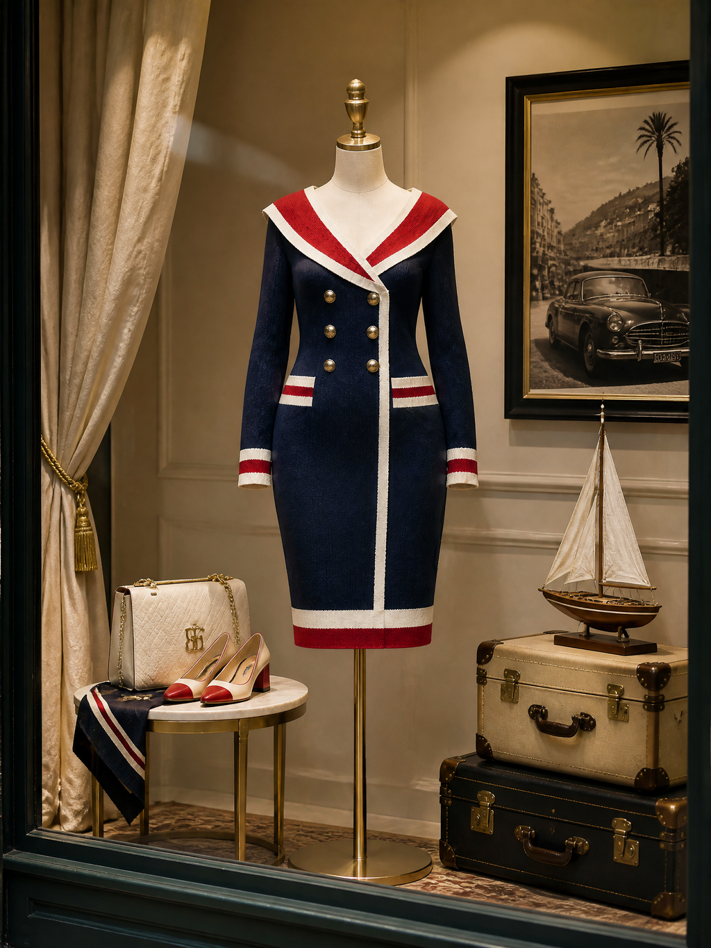 Nautical Navy Sailor Collar Gold Double-Breasted Knit Midi Dress