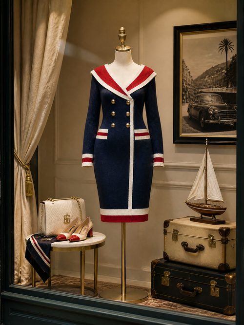 Nautical Navy Sailor Collar Gold Double-Breasted Knit Midi Dress