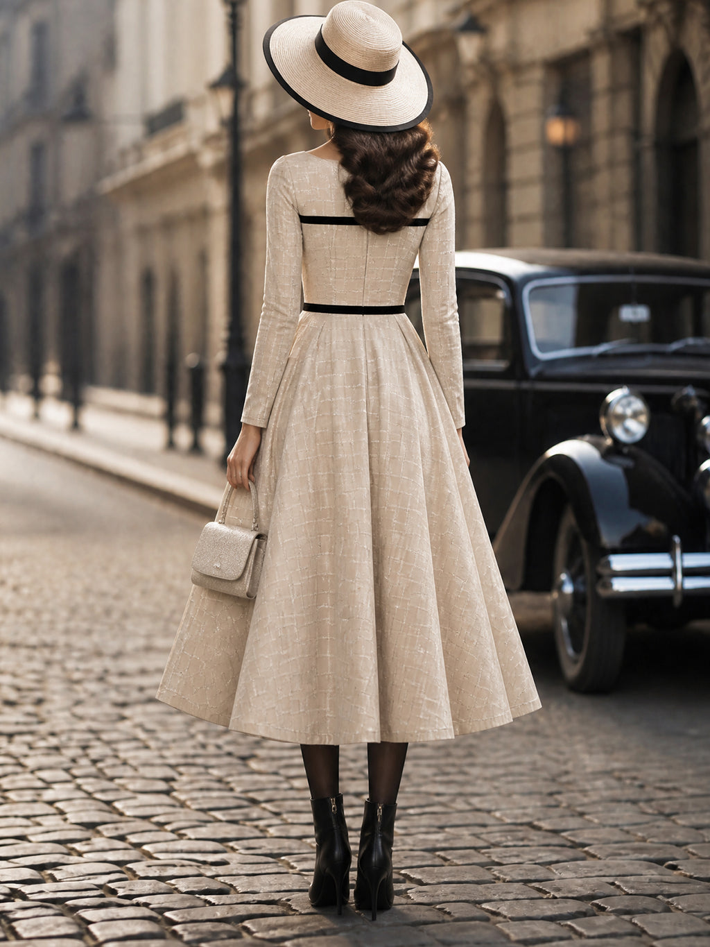 Vintage Cream Windowpane Illusion-Neck Black-Trim A-Line Dress
