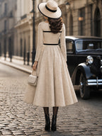 Vintage Cream Windowpane Illusion-Neck Black-Trim A-Line Dress