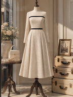 Vintage Cream Windowpane Illusion-Neck Black-Trim A-Line Dress