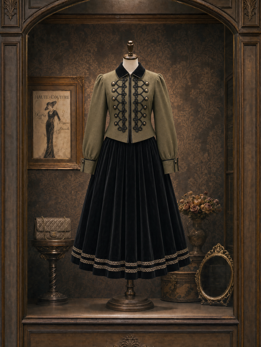 Vintage Velvet Gold‑trim Midi Skirt
