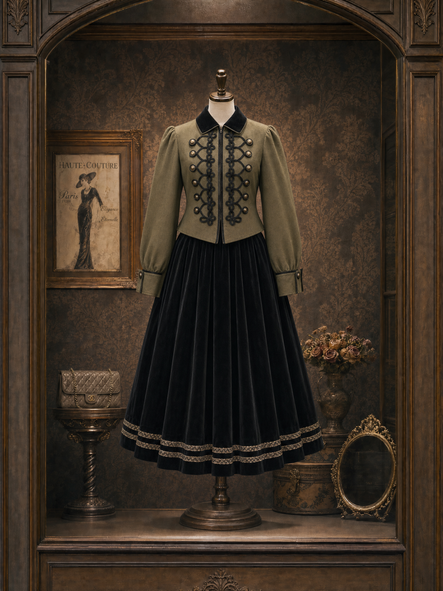 Vintage Velvet Gold‑trim Midi Skirt