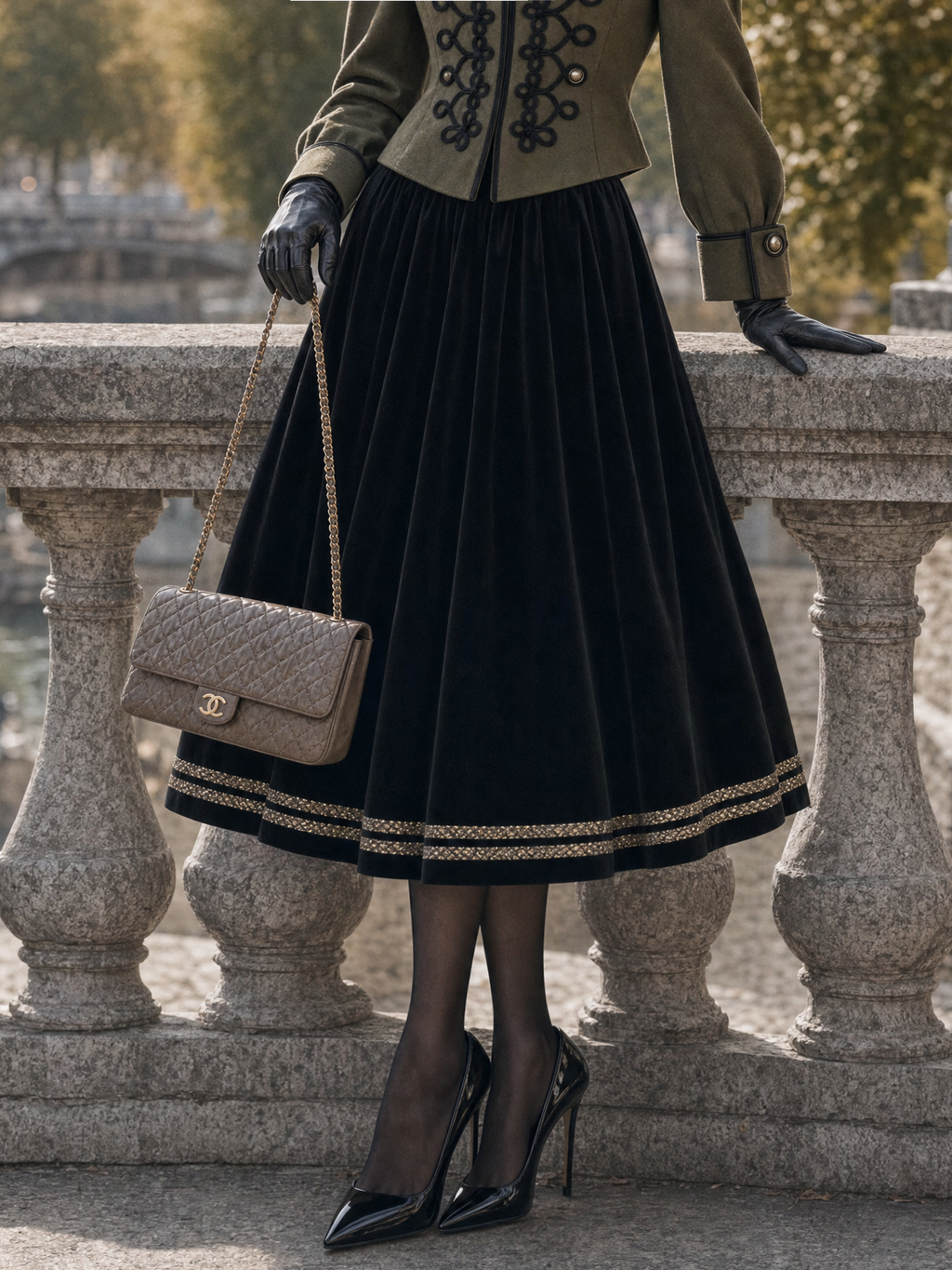 Vintage Velvet Gold‑trim Midi Skirt