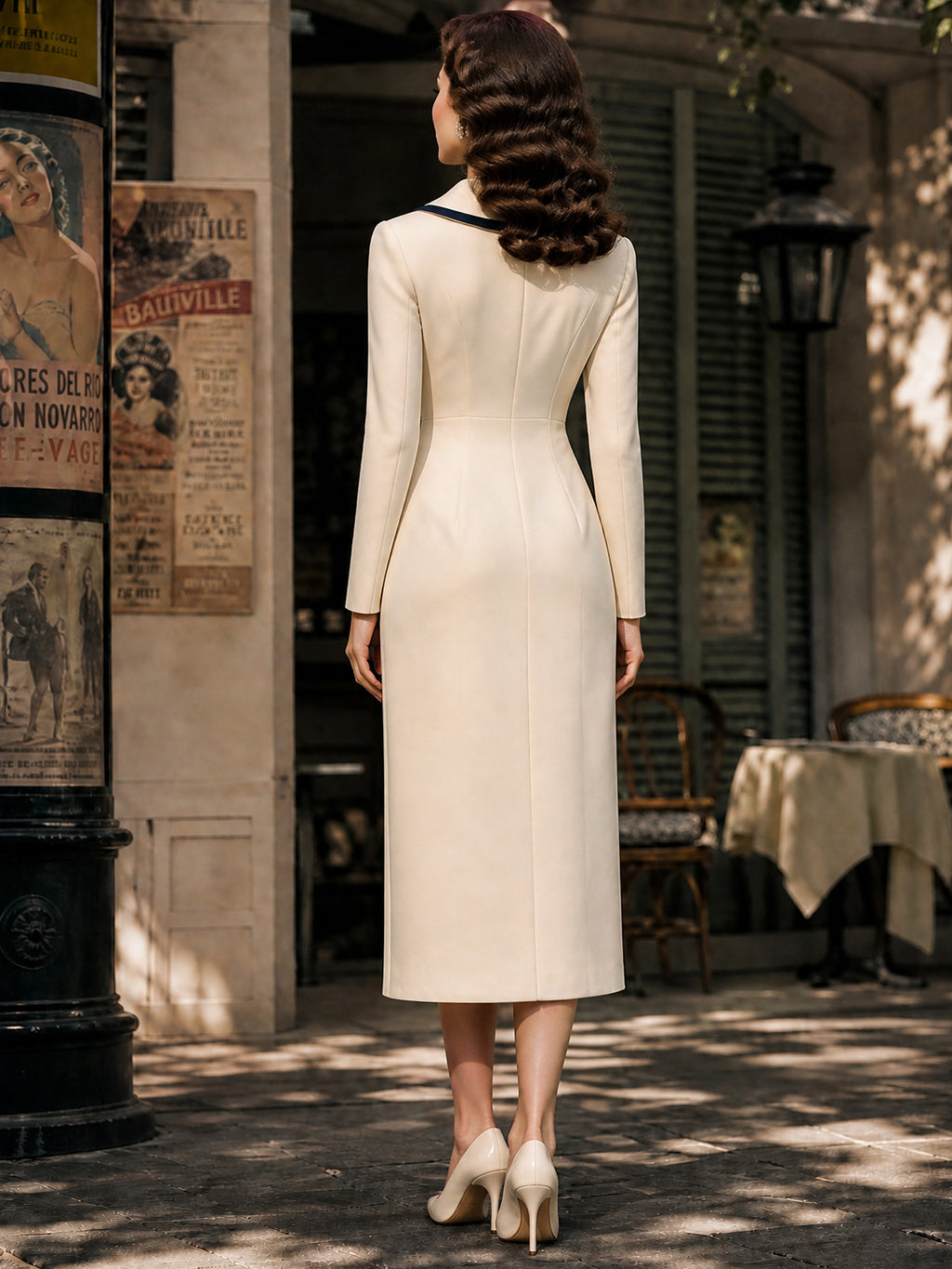 Vintage Cream Navy Bow-Tie Shawl-Collar Bodycon Midi Dress