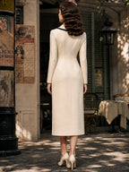 Vintage Cream Navy Bow-Tie Shawl-Collar Bodycon Midi Dress