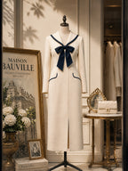 Vintage Cream Navy Bow-Tie Shawl-Collar Bodycon Midi Dress