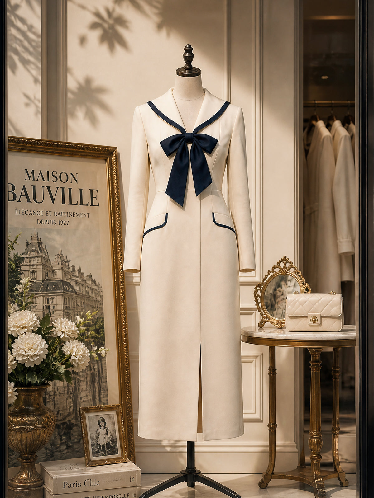 Vintage Cream Navy Bow-Tie Shawl-Collar Bodycon Midi Dress