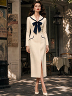 Vintage Cream Navy Bow-Tie Shawl-Collar Bodycon Midi Dress