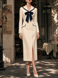 Vintage Cream Navy Bow-Tie Shawl-Collar Bodycon Midi Dress