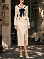 Vintage Cream Navy Bow-Tie Shawl-Collar Bodycon Midi Dress