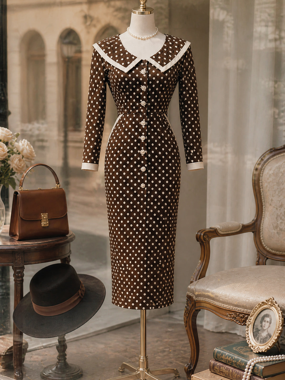 Vintage Brown Polka-Dot Contrast-Collar Button-Front Bodycon Dress