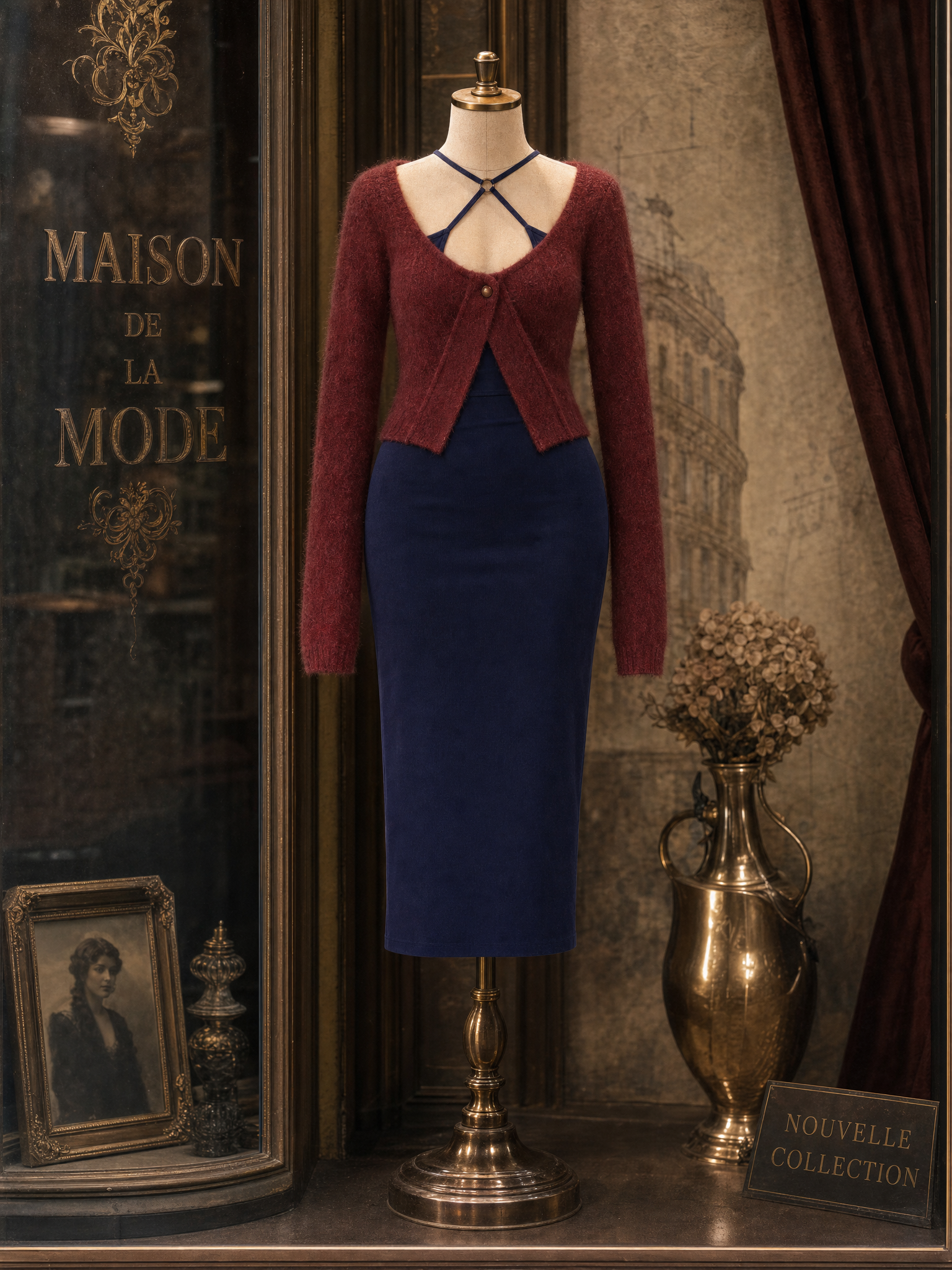 Vintage Low‑neck Mohair Cardigan Hollow‑out Camisole Dress Set