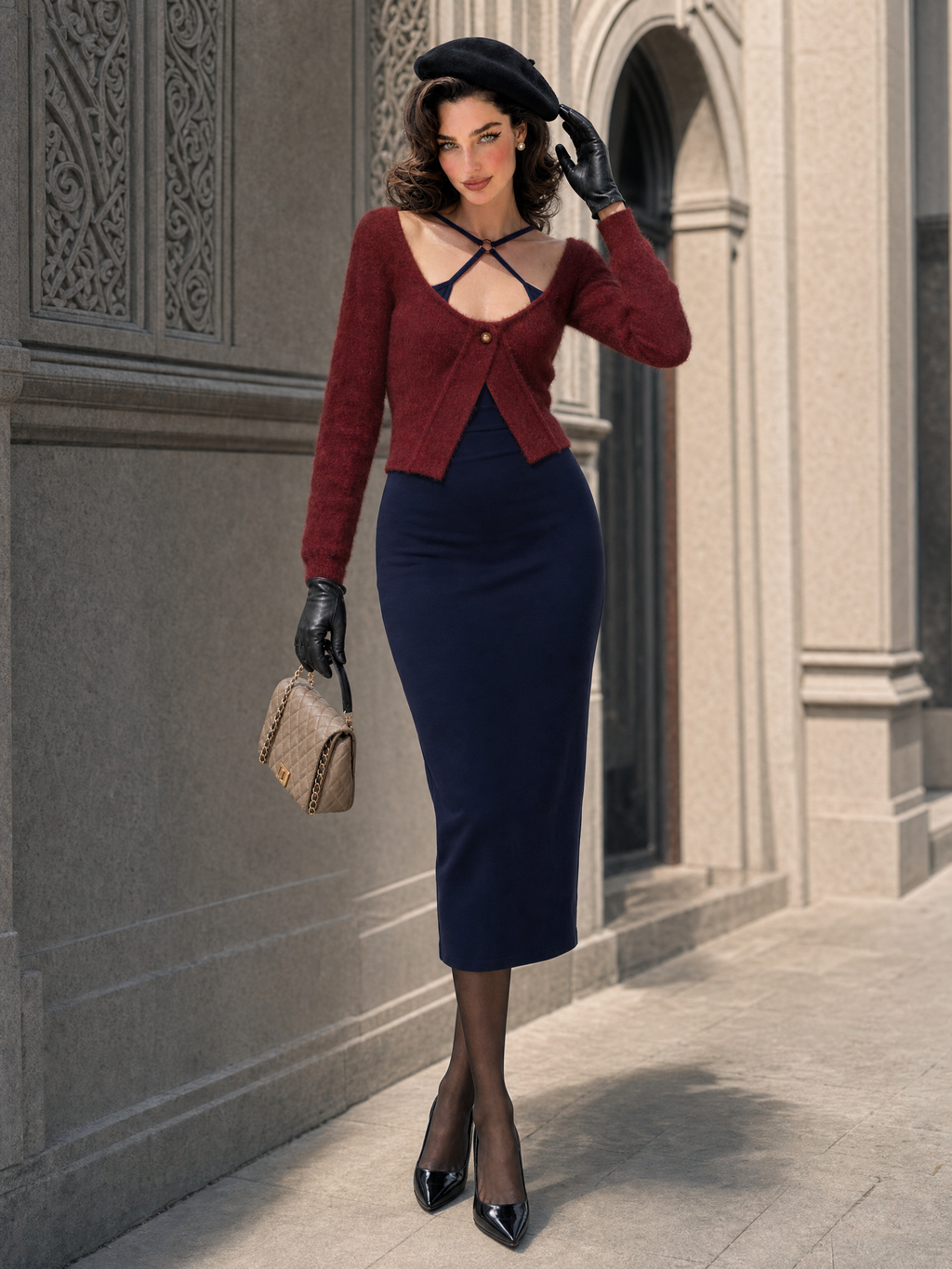 Vintage Low‑neck Mohair Cardigan Hollow‑out Camisole Dress Set
