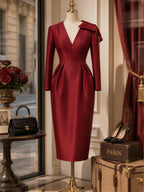 Vintage Red V-Neck Bow Long-Sleeve Satin Midi Dress