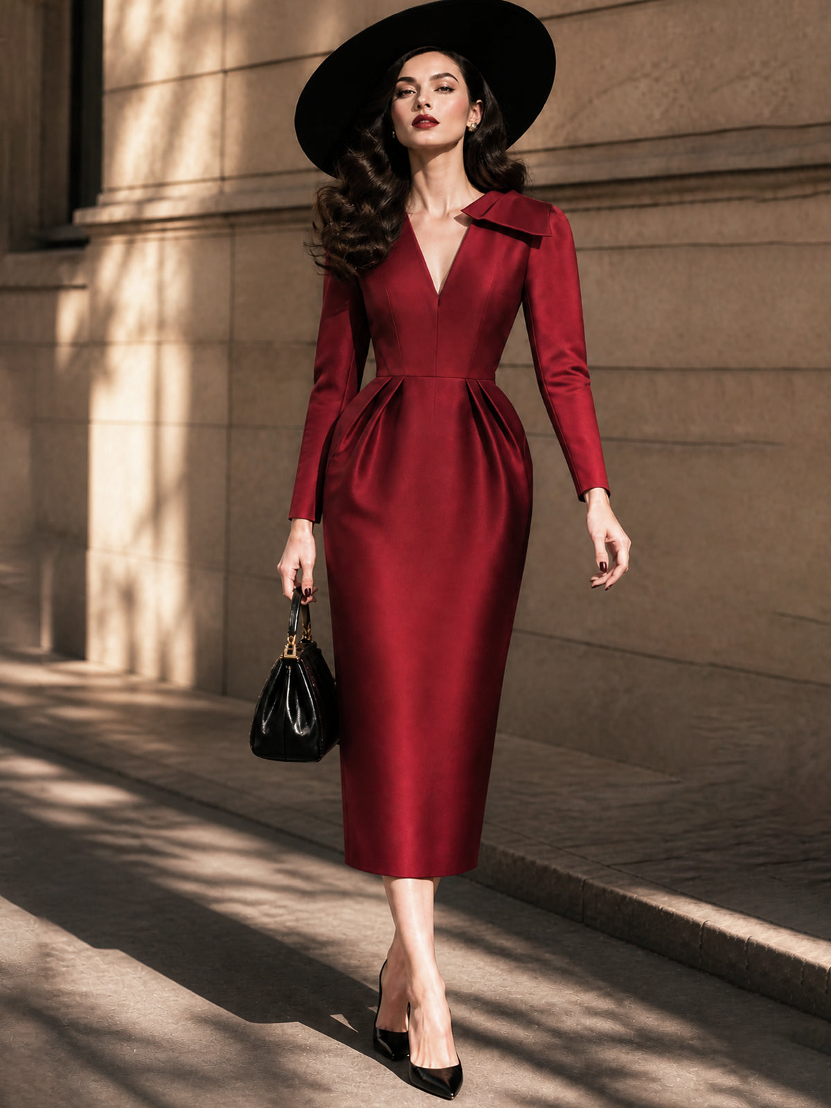 Vintage Red V-Neck Bow Long-Sleeve Satin Midi Dress
