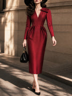 Vintage Red V-Neck Bow Long-Sleeve Satin Midi Dress
