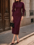 Vintage Burgundy Stand-Collar Button-Front Bodycon Midi Dress