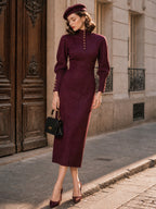 Vintage Burgundy Stand-Collar Button-Front Bodycon Midi Dress