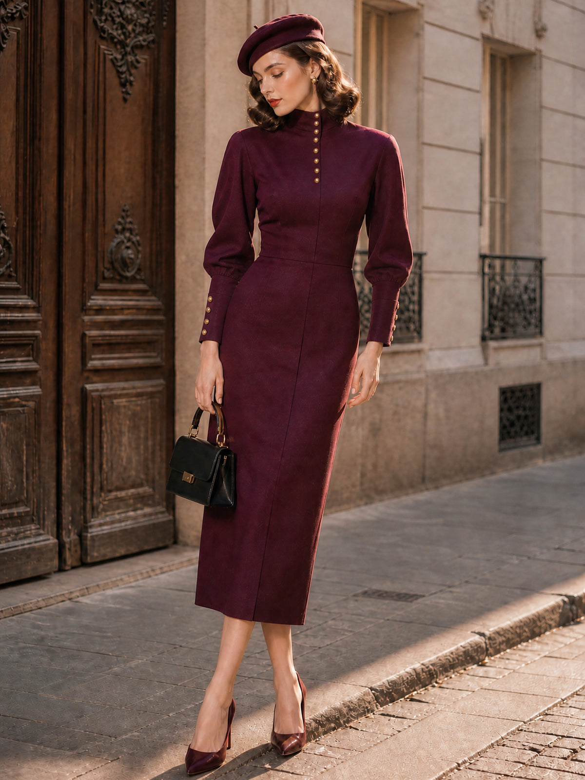 Vintage Burgundy Stand-Collar Button-Front Bodycon Midi Dress