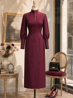 Vintage Burgundy Stand-Collar Button-Front Bodycon Midi Dress