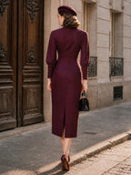 Vintage Burgundy Stand-Collar Button-Front Bodycon Midi Dress