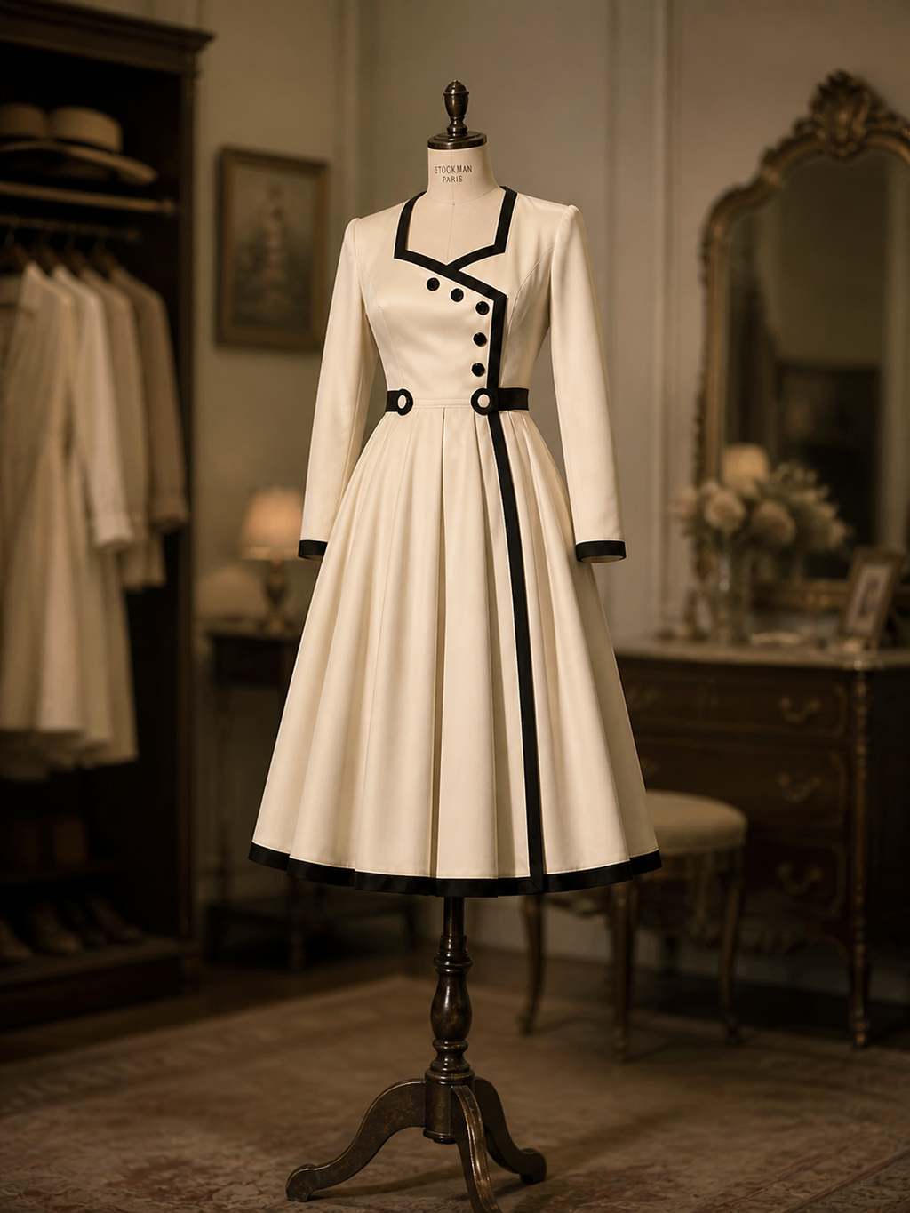 Vintage 1950s Cream Contrast Black Trim Asymmetric Button Long Sleeve Swing Midi Dress