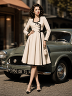 Vintage 1950s Cream Contrast Black Trim Asymmetric Button Long Sleeve Swing Midi Dress