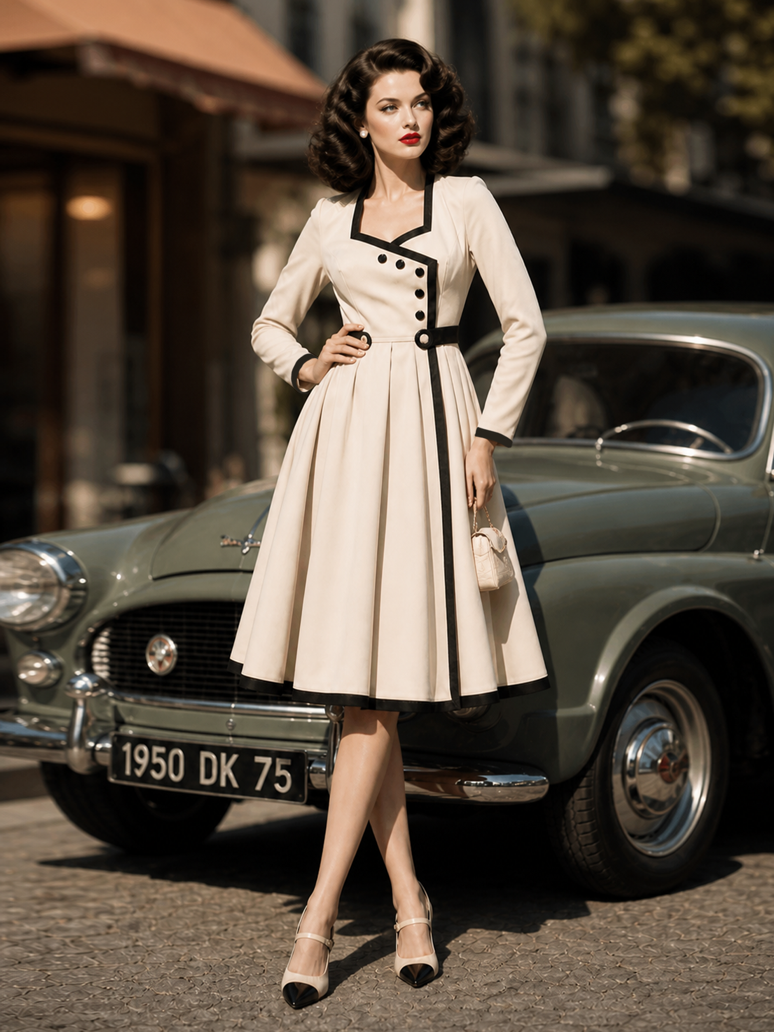 Vintage 1950s Cream Contrast Black Trim Asymmetric Button Long Sleeve Swing Midi Dress