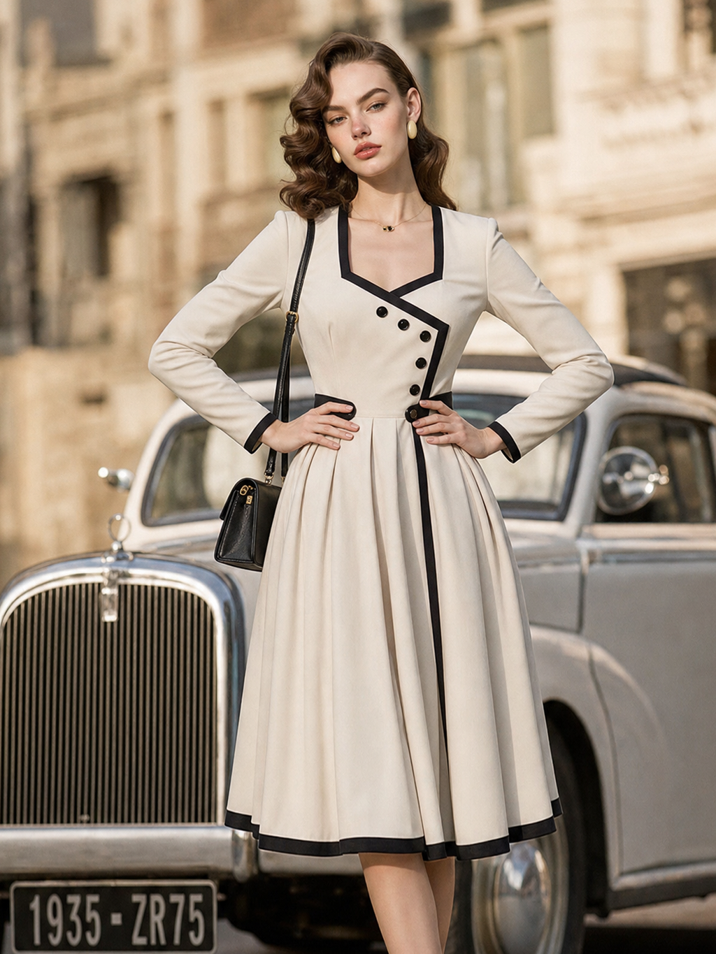 Vintage 1950s Cream Contrast Black Trim Asymmetric Button Long Sleeve Swing Midi Dress