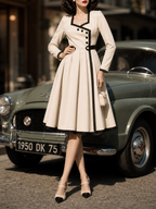 Vintage 1950s Cream Contrast Black Trim Asymmetric Button Long Sleeve Swing Midi Dress