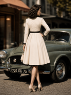 Vintage 1950s Cream Contrast Black Trim Asymmetric Button Long Sleeve Swing Midi Dress