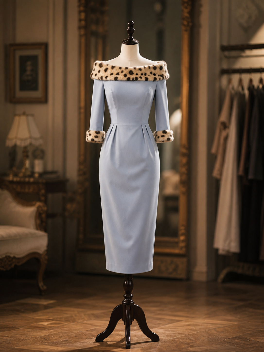 Vintage 1950s Light Blue Off‑Shoulder Faux Fur Leopard Trim Pencil Midi Dress