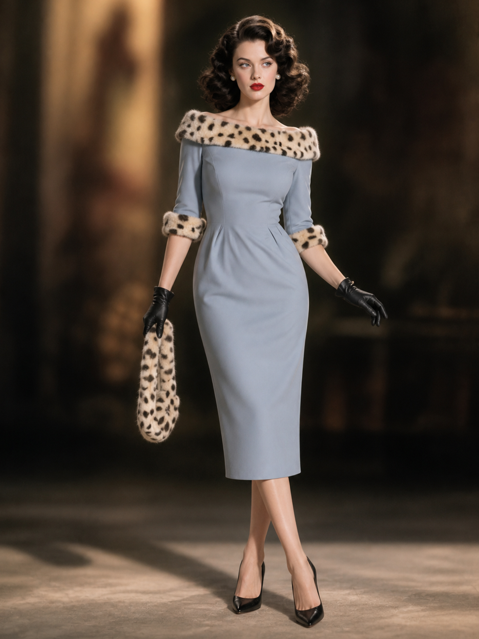 Vintage 1950s Light Blue Off‑Shoulder Faux Fur Leopard Trim Pencil Midi Dress