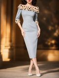 Vintage 1950s Light Blue Off‑Shoulder Faux Fur Leopard Trim Pencil Midi Dress