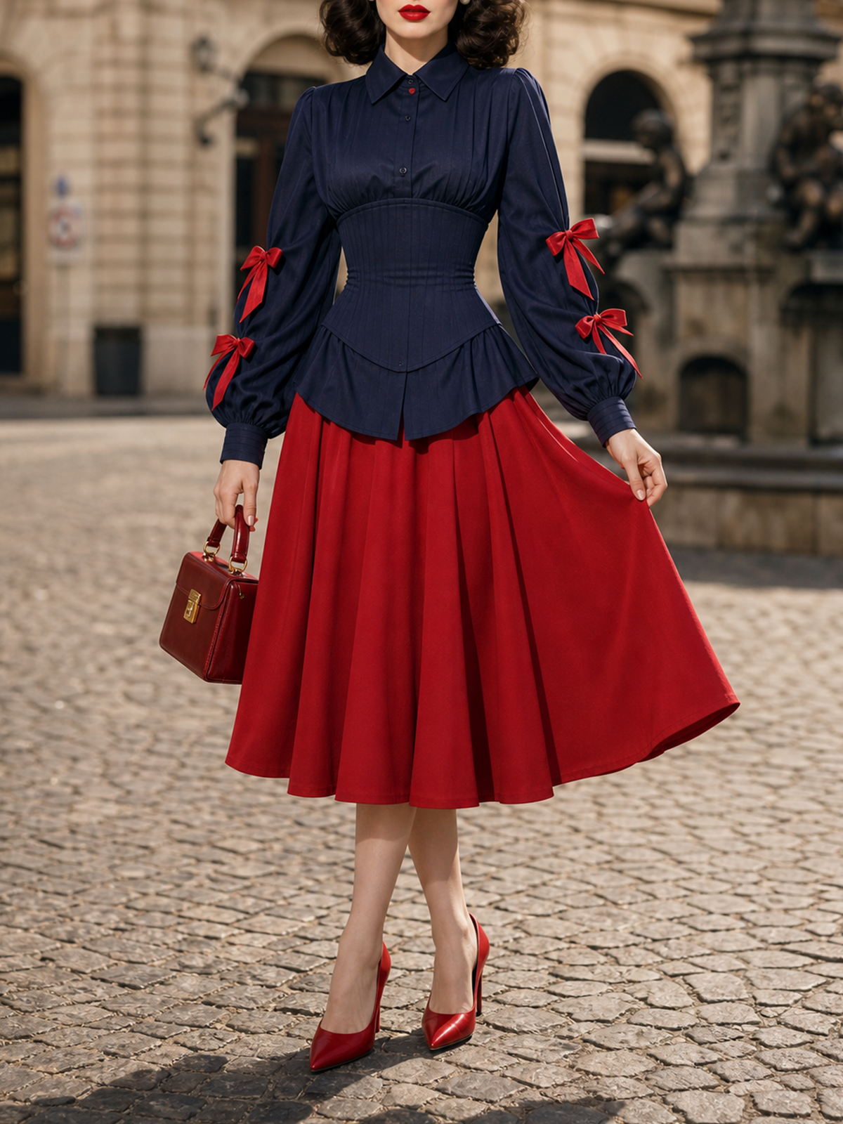 Vintage 1950s Navy Corset Waist Blouse With Red Bow Sleeves & Red Swing Midi Skirt Co‑Ord Set