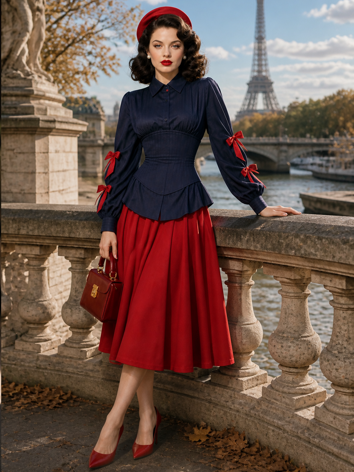 Vintage 1950s Navy Corset Waist Blouse With Red Bow Sleeves & Red Swing Midi Skirt Co‑Ord Set