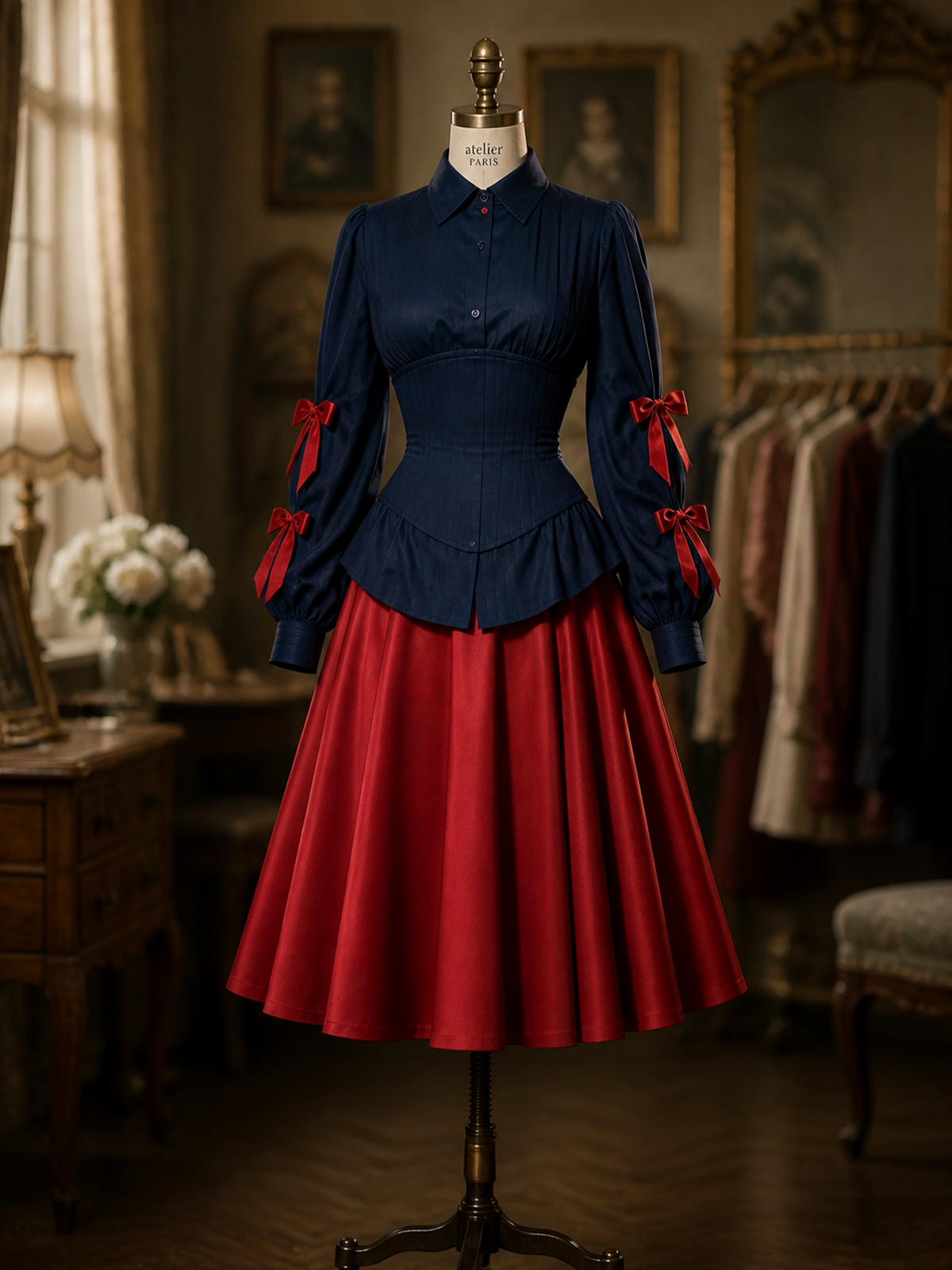 Vintage 1950s Navy Corset Waist Blouse With Red Bow Sleeves & Red Swing Midi Skirt Co‑Ord Set
