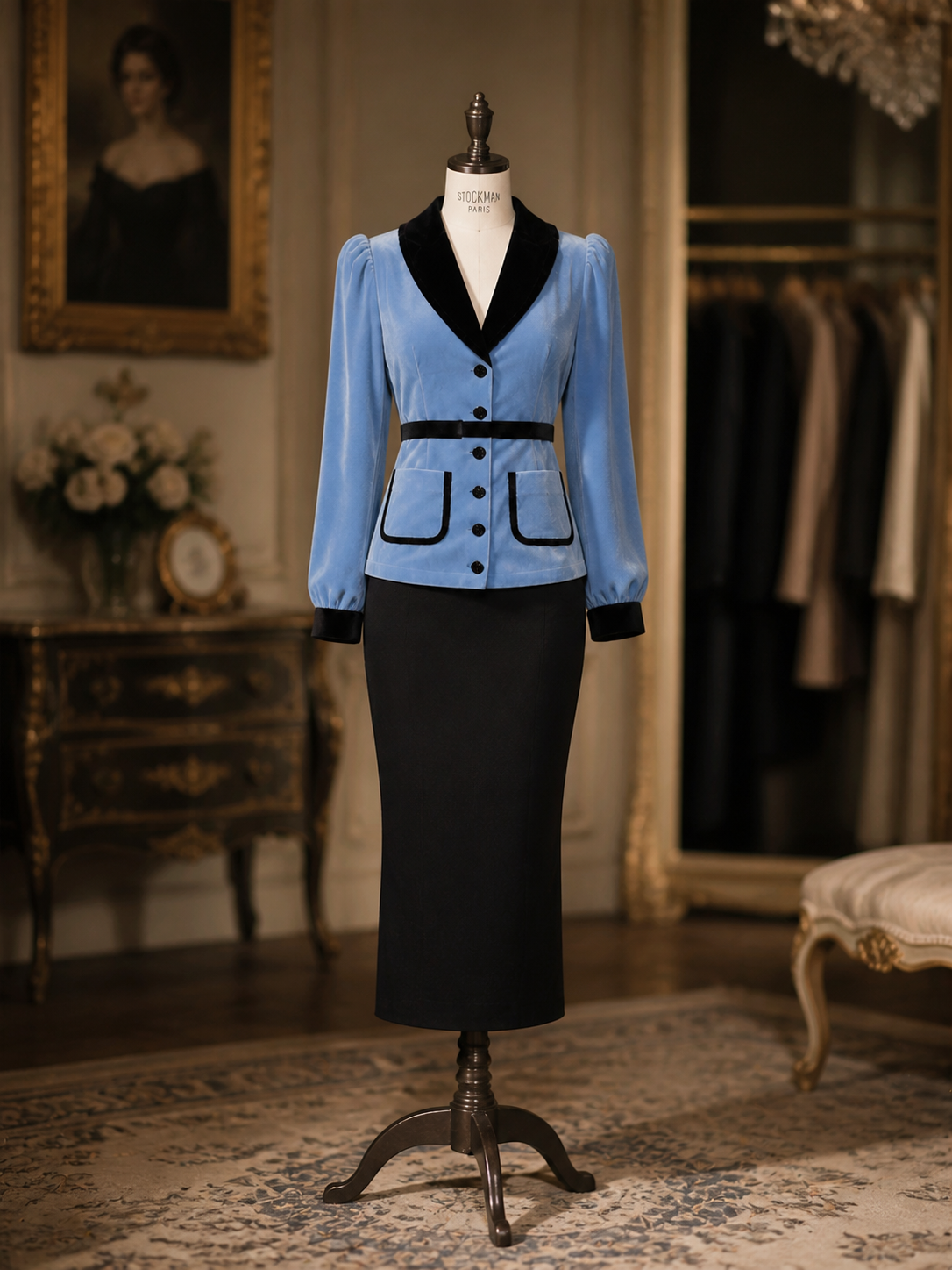 Vintage 1950s Blue Velvet Contrast Lapel Blouse & Black Mermaid Midi Skirt Co‑Ord Set
