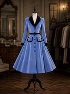 Vintage 1950s Blue Velvet Contrast Black Lapel Button Front Swing Midi Dress