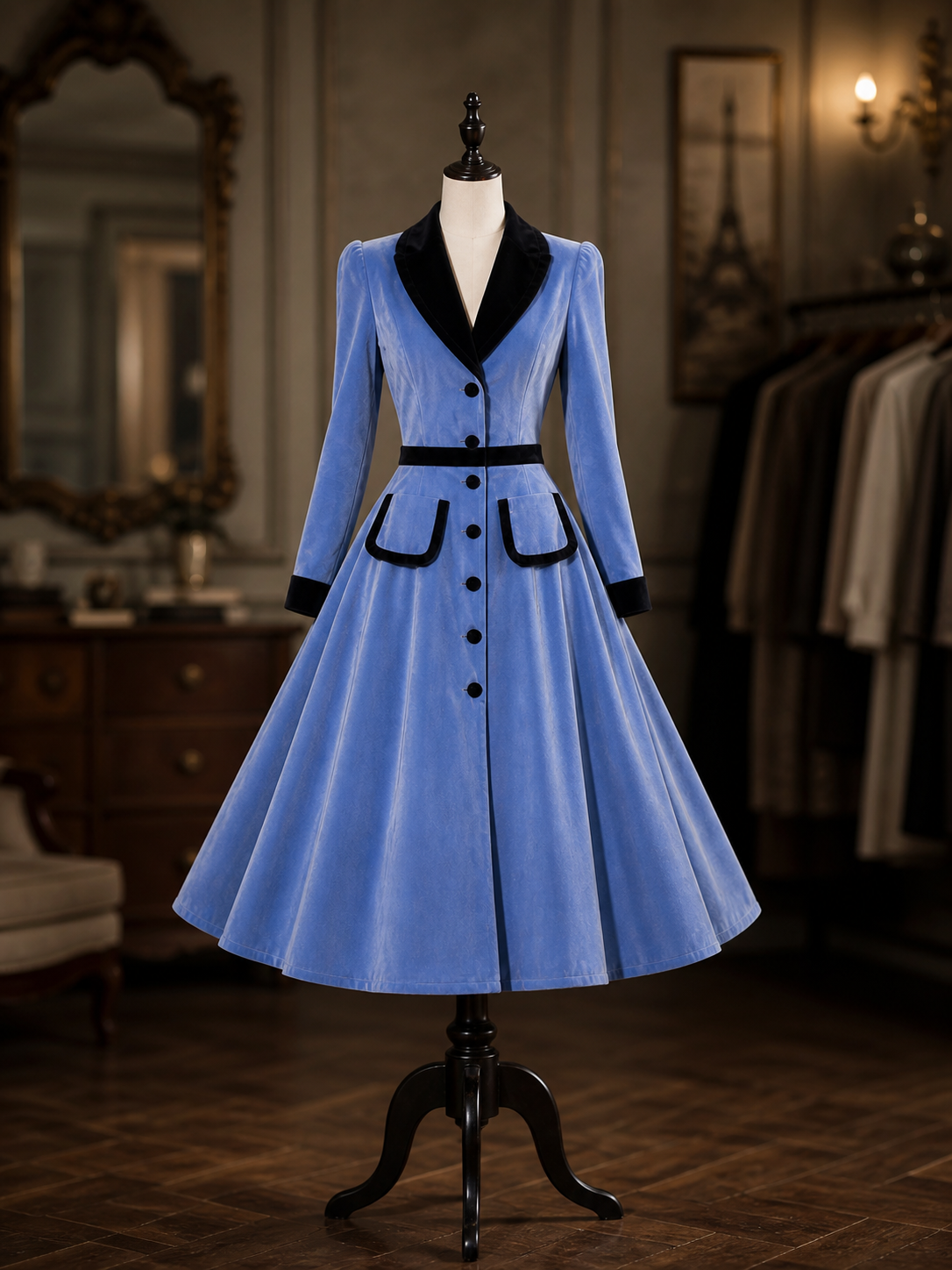 Vintage 1950s Blue Velvet Contrast Black Lapel Button Front Swing Midi Dress
