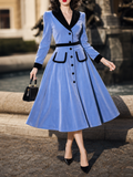 Vintage 1950s Blue Velvet Contrast Black Lapel Button Front Swing Midi Dress