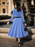 Vintage 1950s Blue Velvet Contrast Black Lapel Button Front Swing Midi Dress
