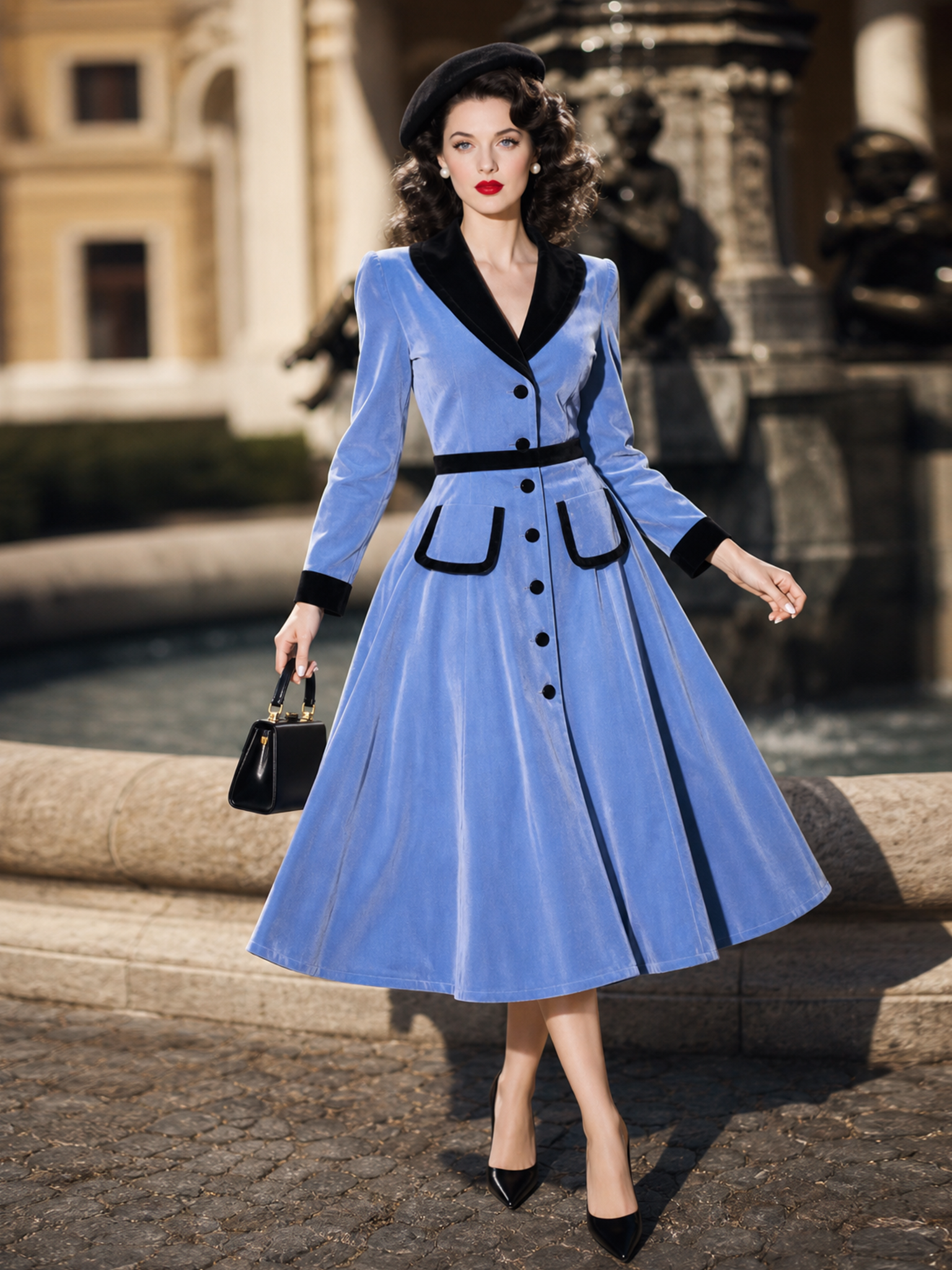 Vintage 1950s Blue Velvet Contrast Black Lapel Button Front Swing Midi Dress