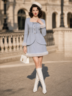Vintage Two‑Piece Set Square Neck Bow Jacket & Faux Fur Trim Mini Skirt Co‑Ord Set