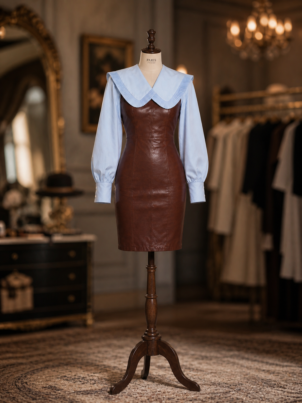 Vintage Faux Leather Contrast Pleated Oversized Collar Long Sleeve Pencil Midi Dress